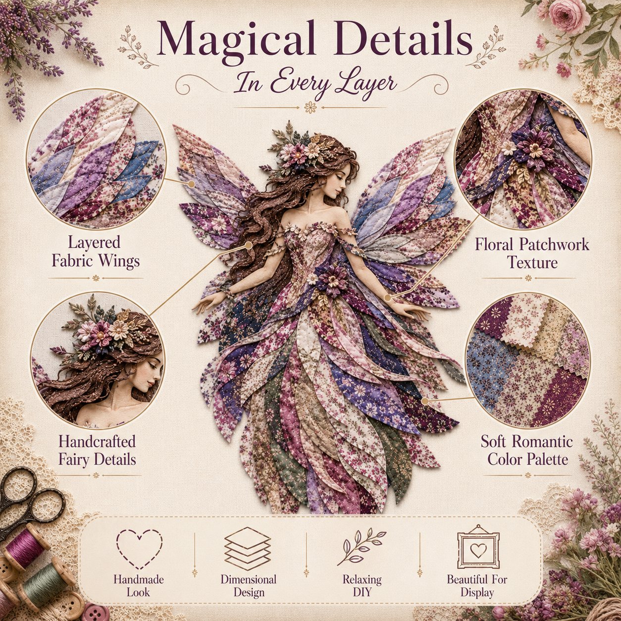 🧚‍♀️🌸 Premium DIY-pakket 'Feeënpatchwork' | Hoogwaardige gelaagde stof met bloemenvleugels – DIY handgemaakte fantasievolle wanddecoratie ✨