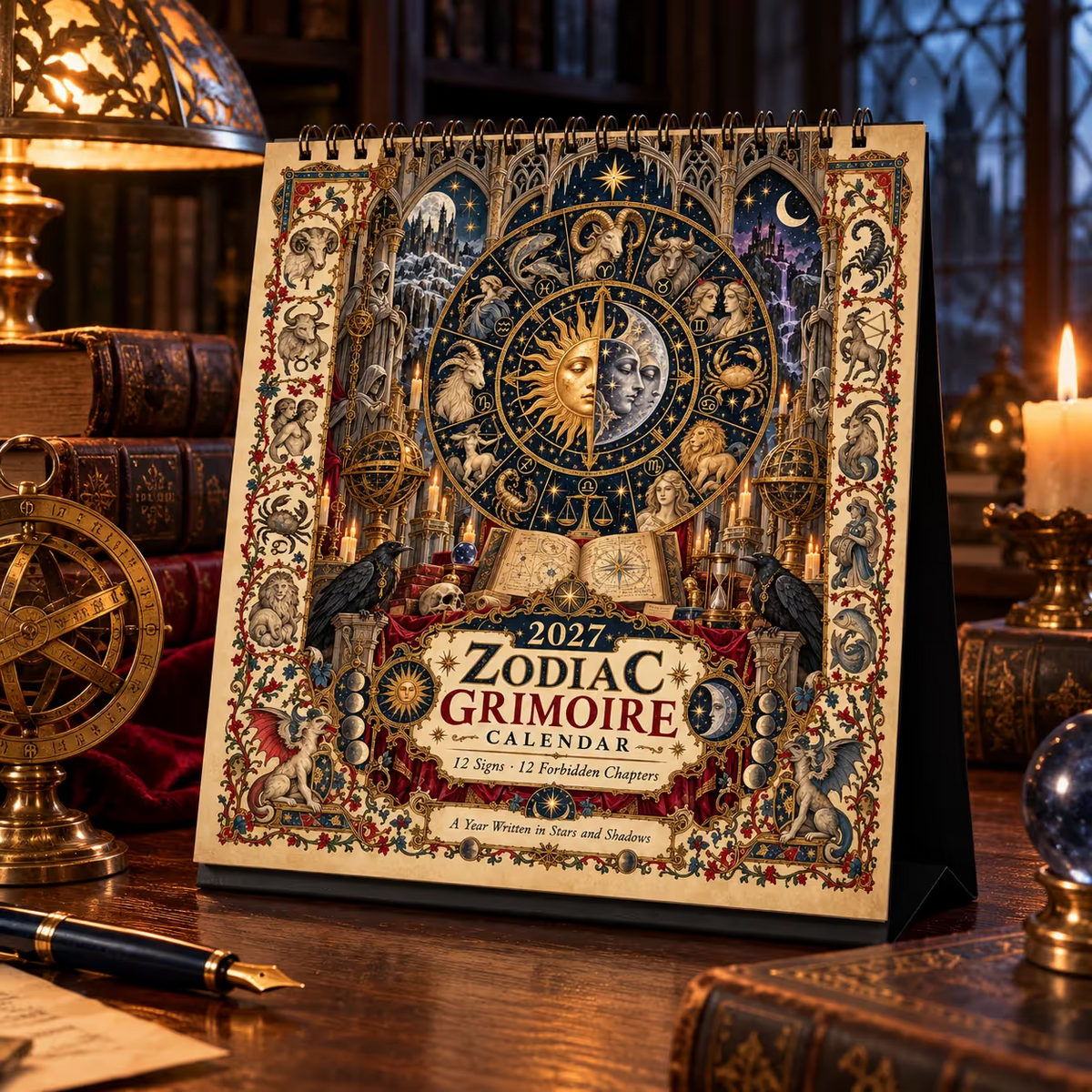 🔮 Bureaukalender met dierenriemtekens voor 2027 | 12 middeleeuws geïnspireerde dierenriemtekeningen voor liefhebbers van astrologie en gotische kunst ✨