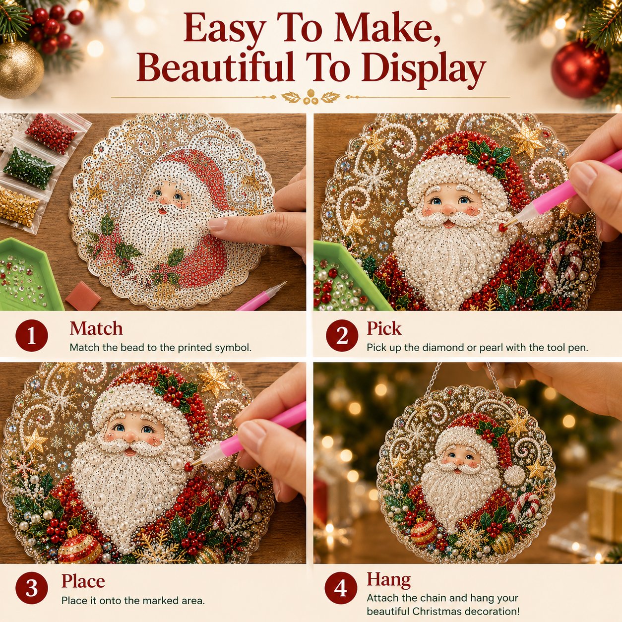 🎄Kerstversiering met parels en diamantjes | Luxe fluweelachtig canvas met krasbestendige, kleurechte parelkralen | DIY handgemaakte kerstdecoratie om op te hangen 🎅💎