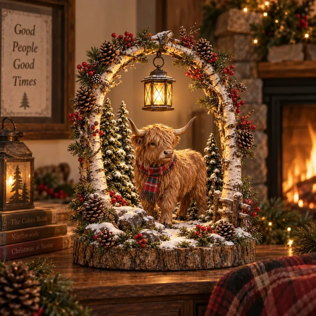 Kerstlantaarn met Schotse hooglandkoe-motief 🎄 – Rustieke verlichte tafeldecoratie in boerderijstijl voor de winter 🎁