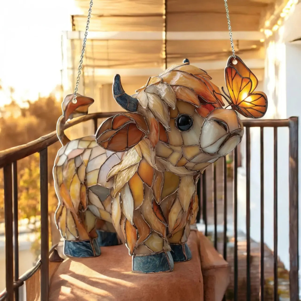 Raamdecoratie met Schotse hooglandkoe: vlinder raamhanger