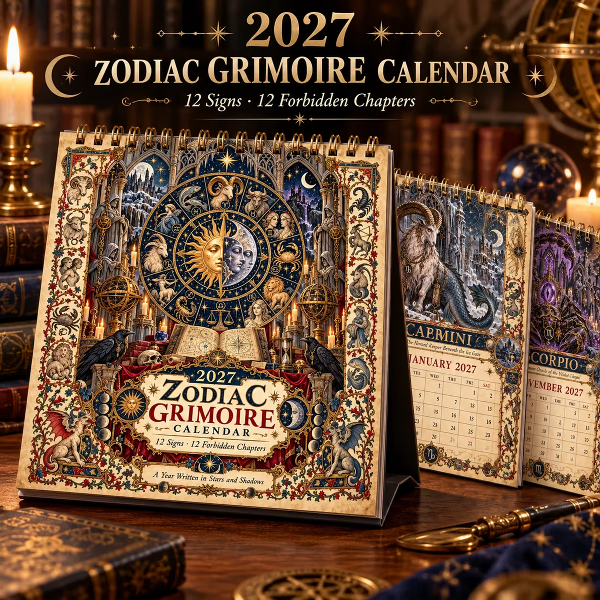 🔮 Bureaukalender met dierenriemtekens voor 2027 | 12 middeleeuws geïnspireerde dierenriemtekeningen voor liefhebbers van astrologie en gotische kunst ✨