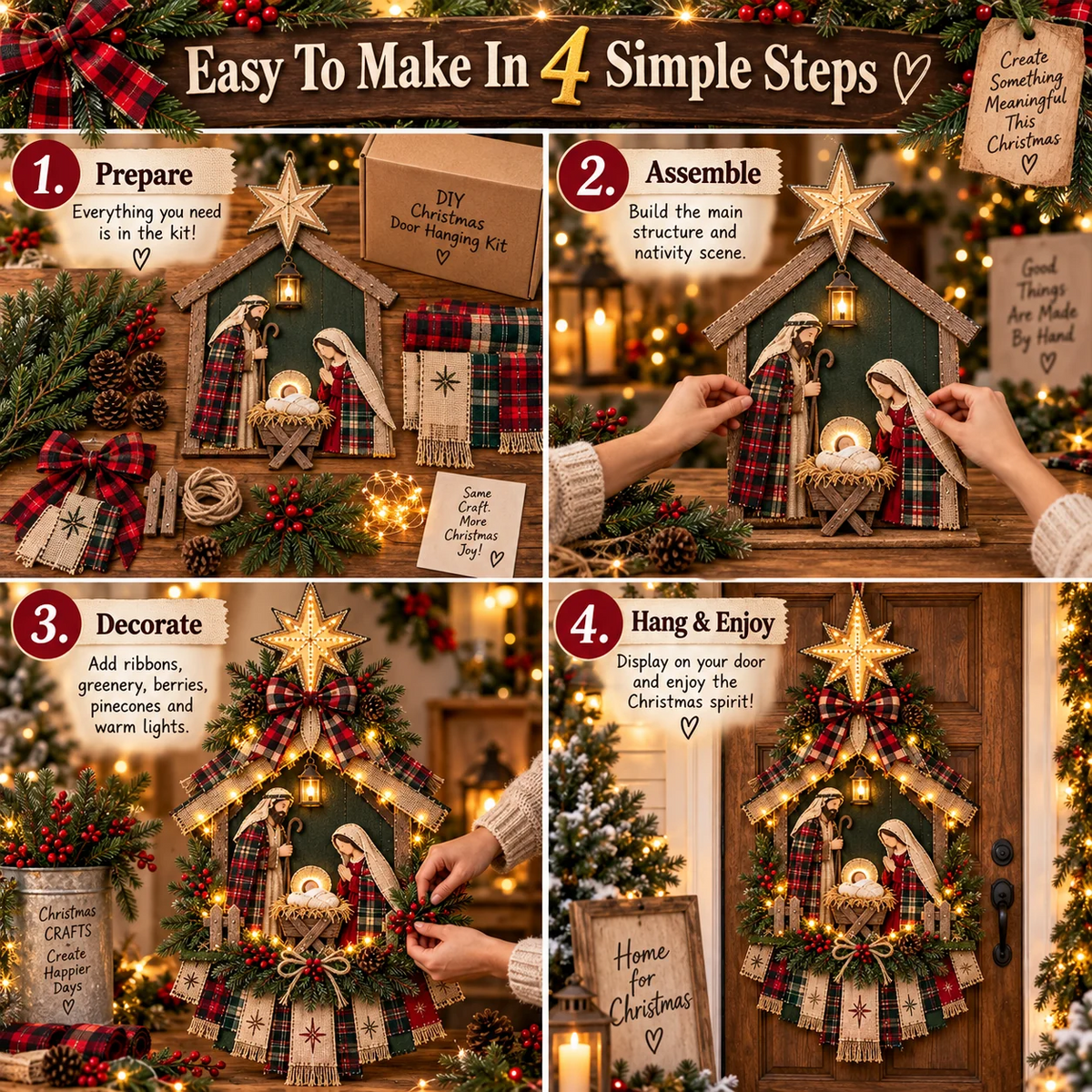 ⏳ Laatste dag 50% korting – DIY verlichte kerststal deurhangerset 🎄