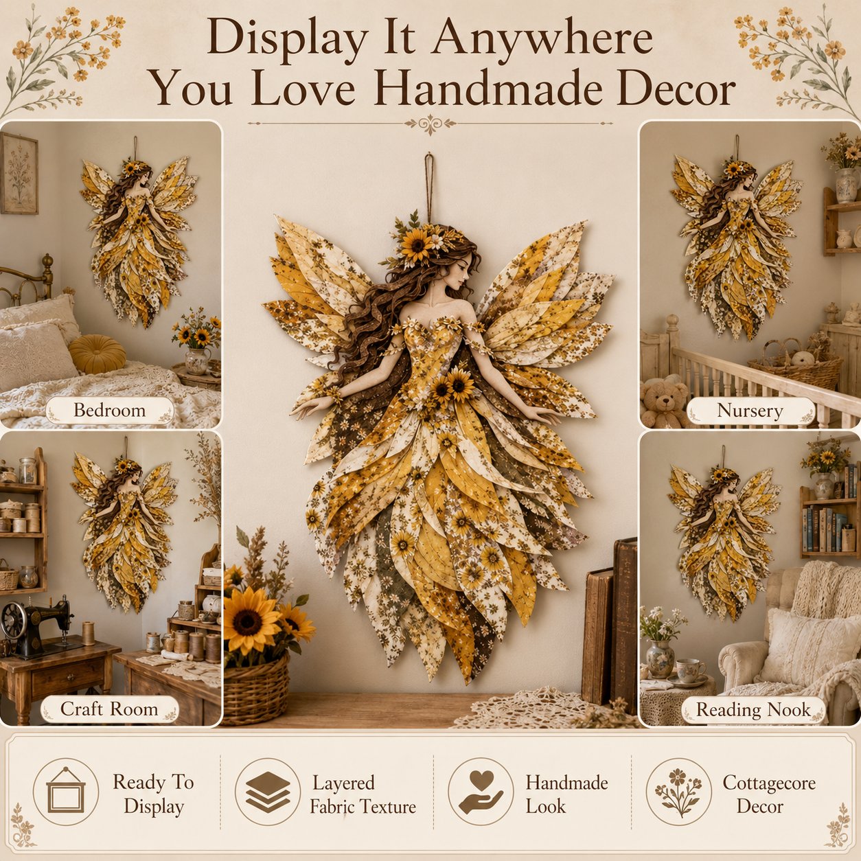 🧚‍♀️🌸 Premium DIY-pakket 'Feeënpatchwork' | Hoogwaardige gelaagde stof met bloemenvleugels – DIY handgemaakte fantasievolle wanddecoratie ✨