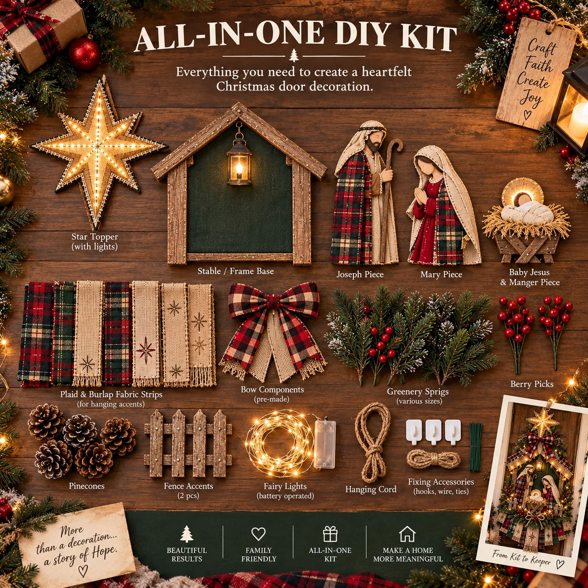 ⏳ Laatste dag 50% korting – DIY verlichte kerststal deurhangerset 🎄