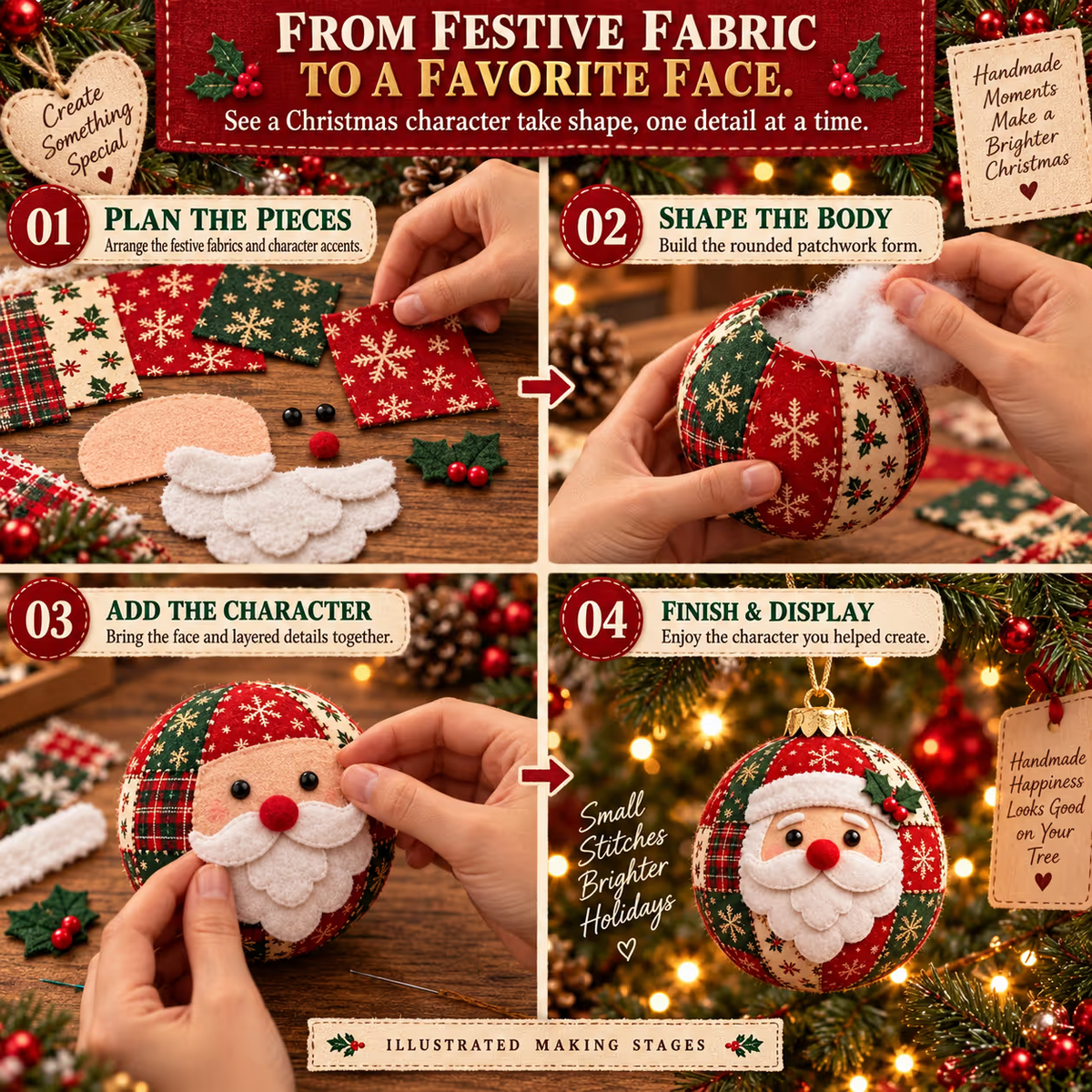 🎄Beginnersvriendelijke, gezellige patchwork kerstornamentencollectie | 8 feestelijke figuren voor bomen, kransen en kerstcadeaus ✨