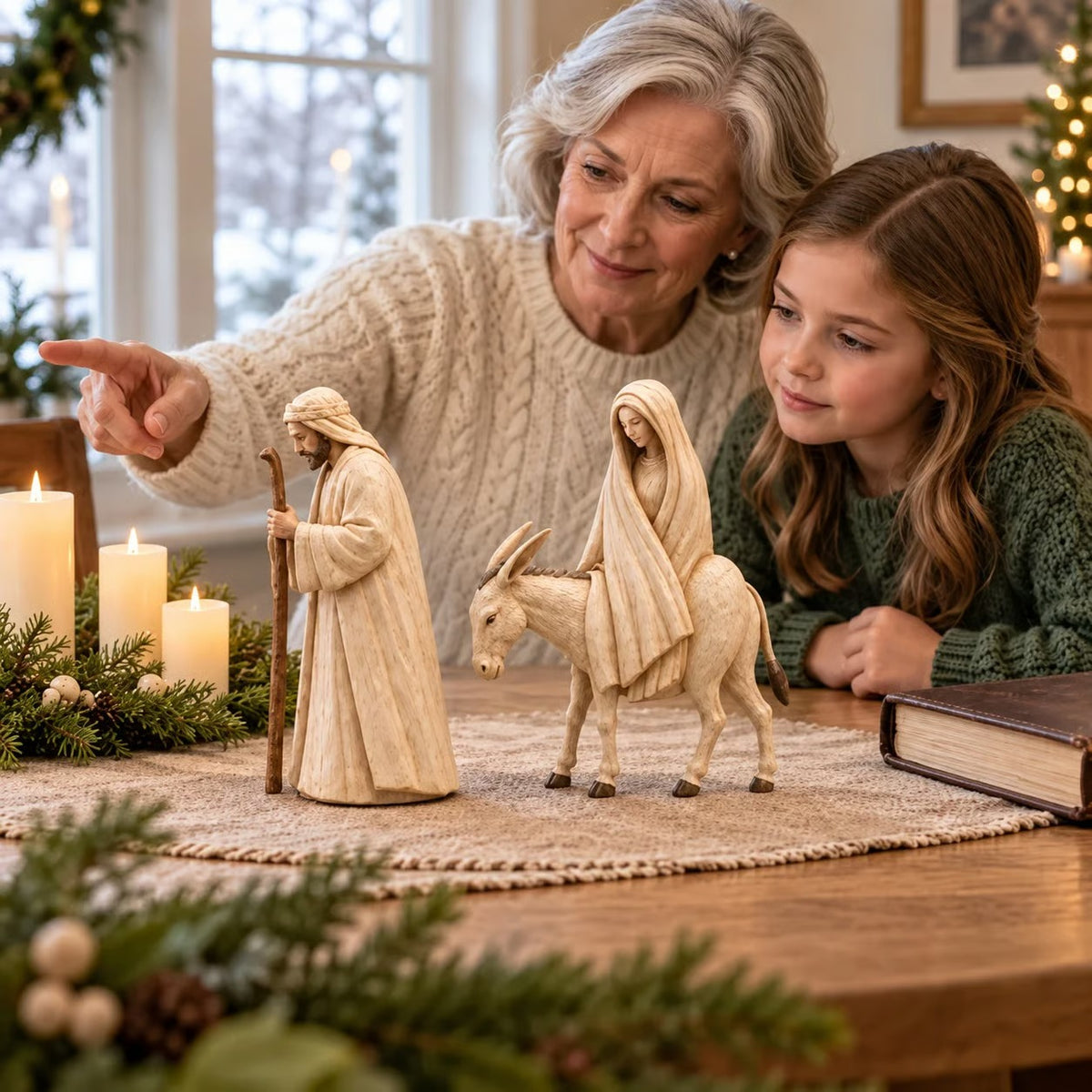 Kerstdecoratie met de titel "Heilige Reis" en "Kerststalbeeldjes" - Jozef en Maria op een ezel.