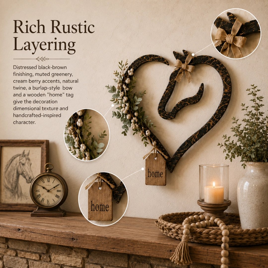 🐴Rustieke paardenhart wanddecoratie met groen – Landelijke paardensport woonaccessoire