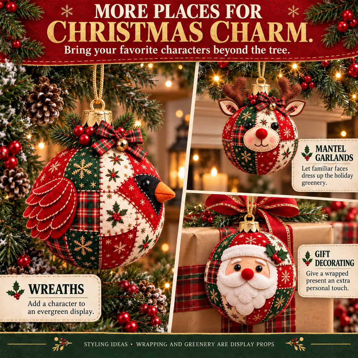 🎄Beginnersvriendelijke, gezellige patchwork kerstornamentencollectie | 8 feestelijke figuren voor bomen, kransen en kerstcadeaus ✨