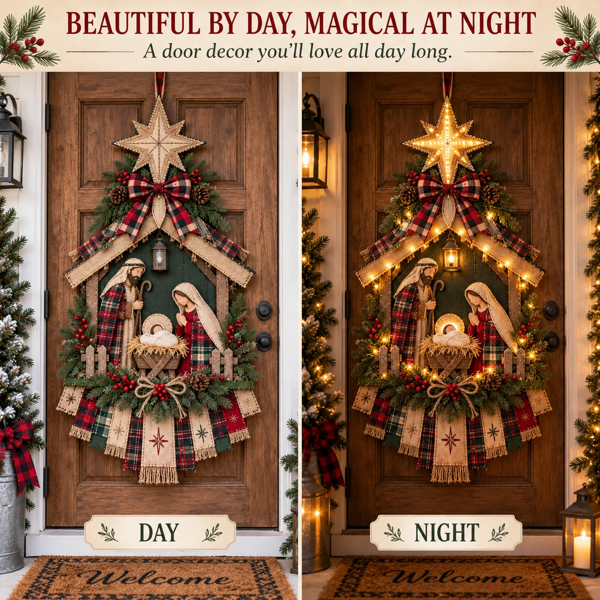 ⏳ Laatste dag 50% korting – DIY verlichte kerststal deurhangerset 🎄