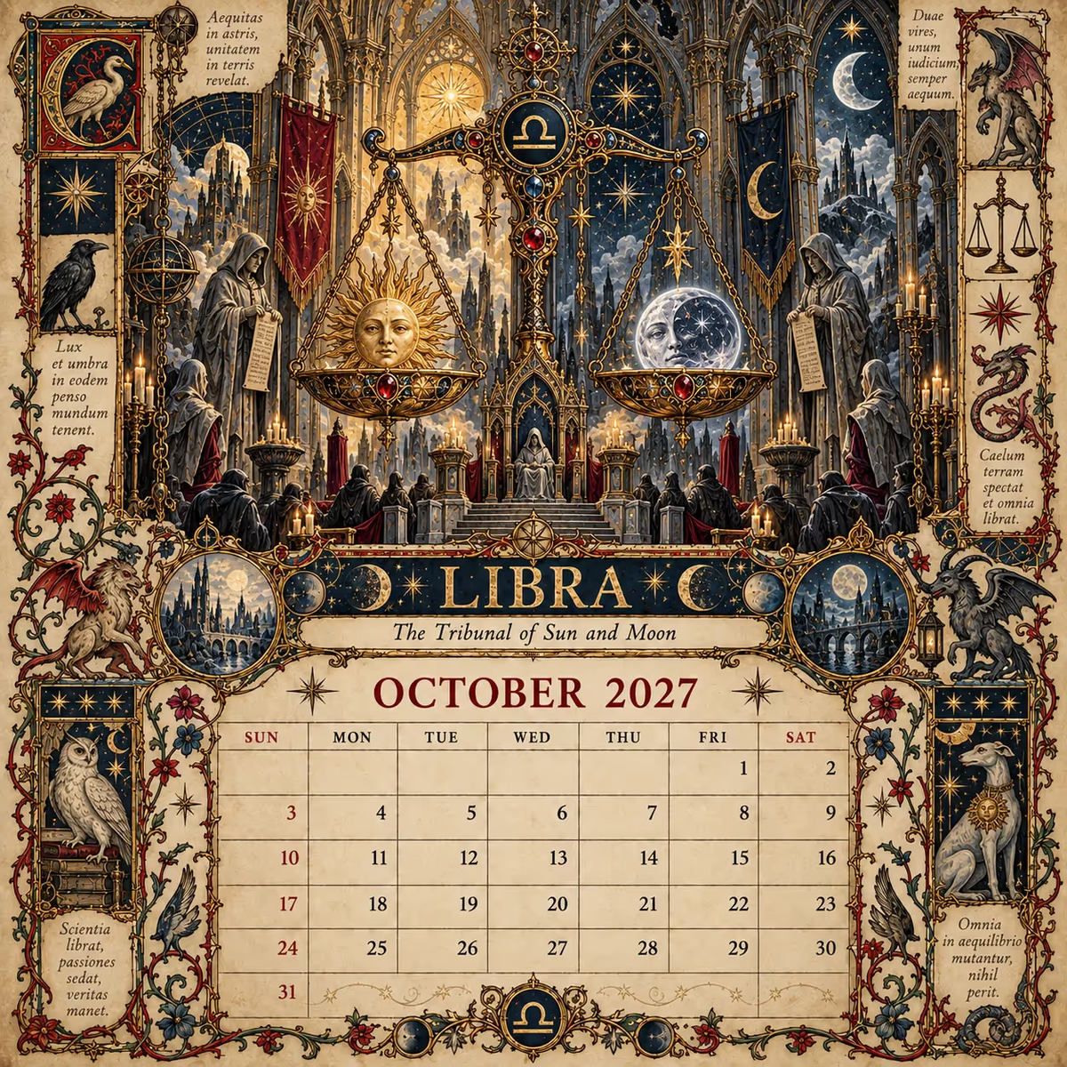 🔮 Bureaukalender met dierenriemtekens voor 2027 | 12 middeleeuws geïnspireerde dierenriemtekeningen voor liefhebbers van astrologie en gotische kunst ✨