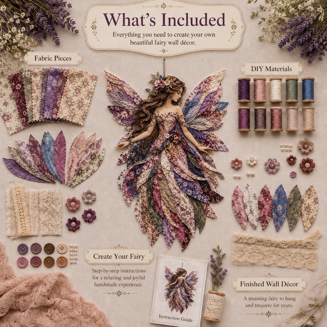 🧚‍♀️🌸 Premium DIY-pakket 'Feeënpatchwork' | Hoogwaardige gelaagde stof met bloemenvleugels – DIY handgemaakte fantasievolle wanddecoratie ✨