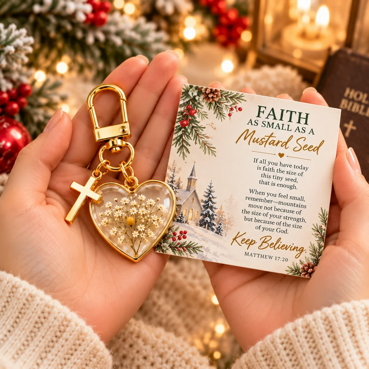 ✝️ Sleutelhanger met mosterdzaadje en geloofssymbool — Blijf geloven