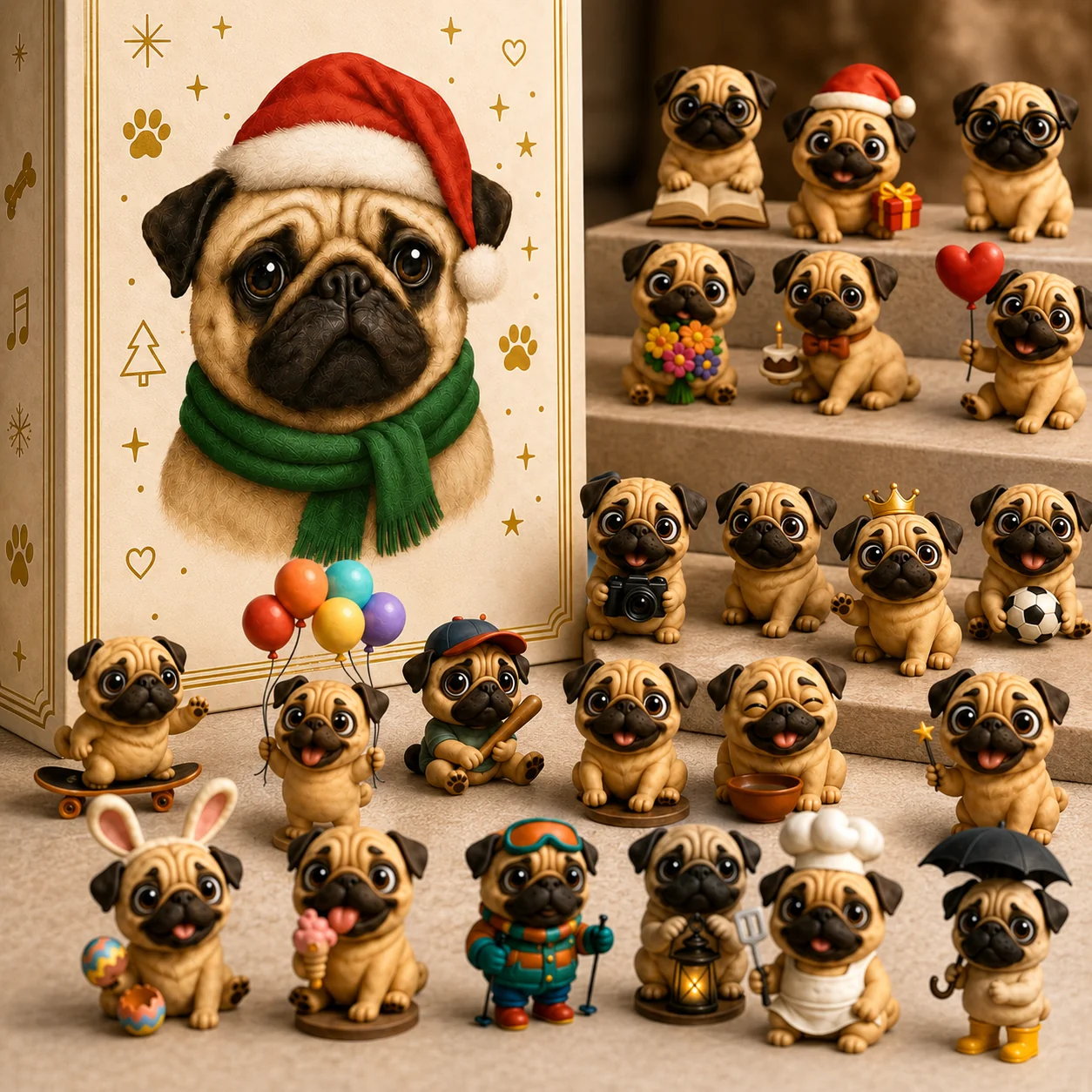 🐶 24-daagse adventskalender met mopshondjes 2026 – 24 schattige mopshondjes als kerstcountdown