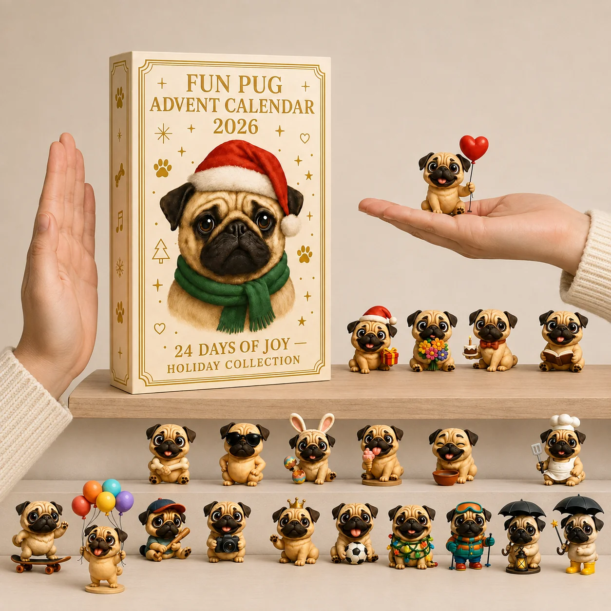 🐶 24-daagse adventskalender met mopshondjes 2026 – 24 schattige mopshondjes als kerstcountdown