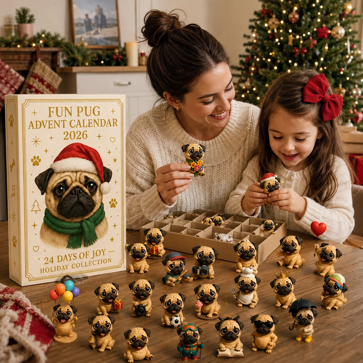 🐶 24-daagse adventskalender met mopshondjes 2026 – 24 schattige mopshondjes als kerstcountdown