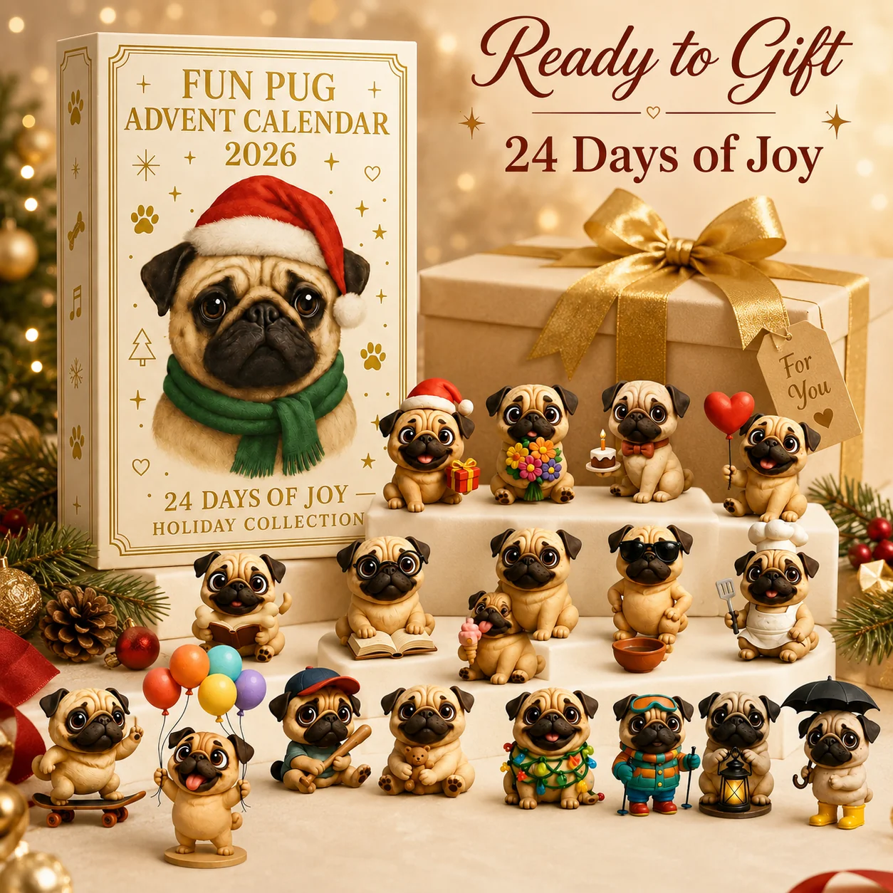 🐶 24-daagse adventskalender met mopshondjes 2026 – 24 schattige mopshondjes als kerstcountdown
