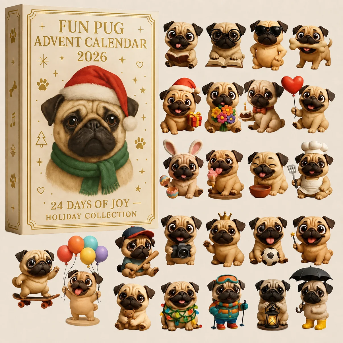 🐶 24-daagse adventskalender met mopshondjes 2026 – 24 schattige mopshondjes als kerstcountdown