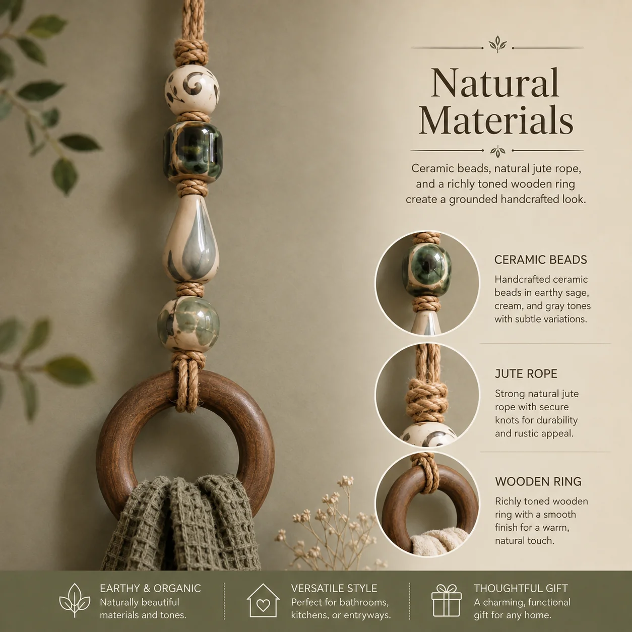 ✨Decoratieve handdoekhanger met kralen en houten ring