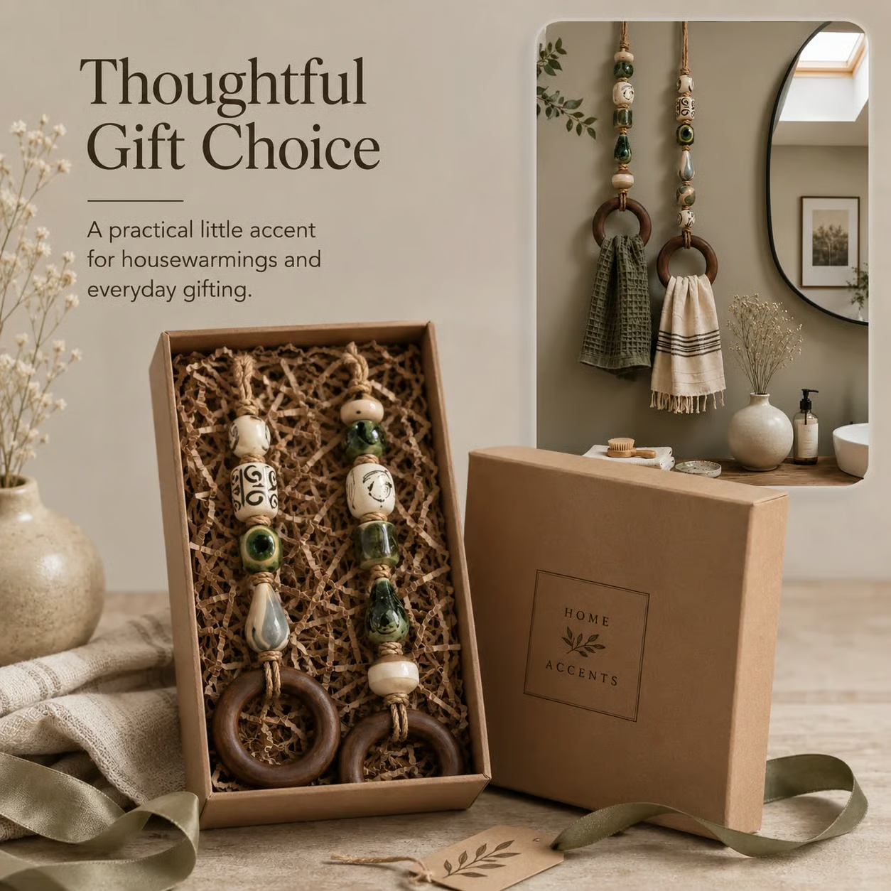 ✨Decoratieve handdoekhanger met kralen en houten ring