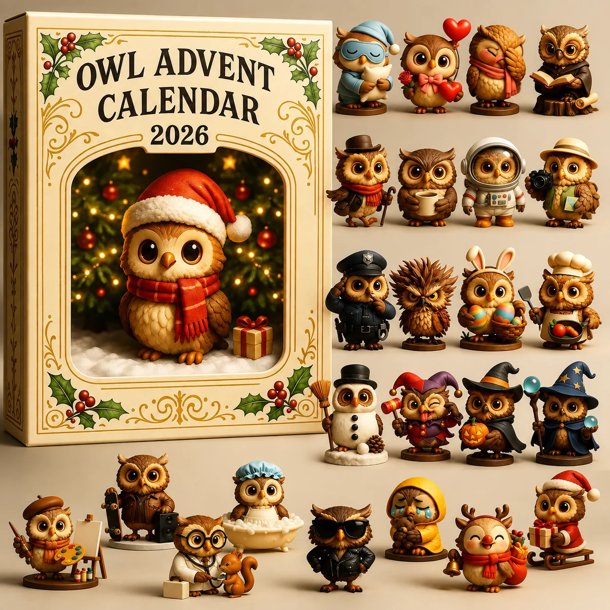 🦉Uilen Adventskalender 2026 – 24 dagen aftellen naar Kerstmis met verzamelbare uilenbeeldjes