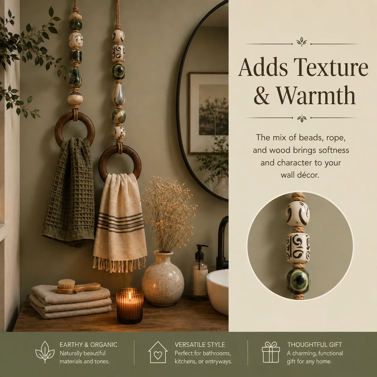 ✨Decoratieve handdoekhanger met kralen en houten ring