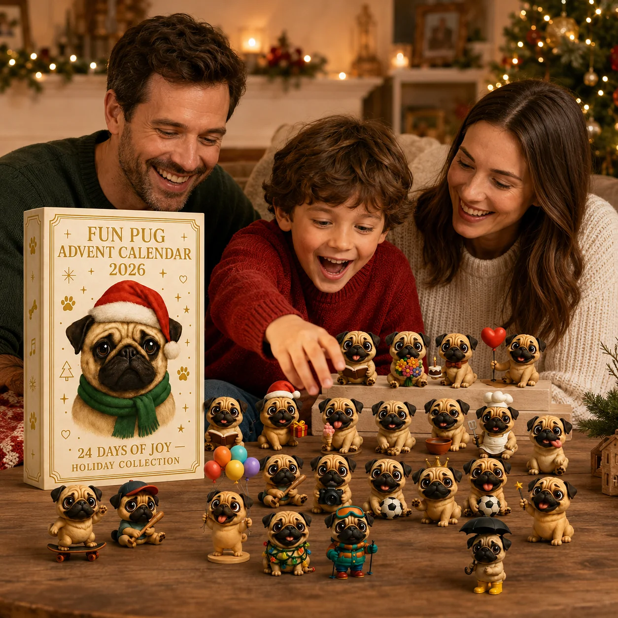 🐶 24-daagse adventskalender met mopshondjes 2026 – 24 schattige mopshondjes als kerstcountdown